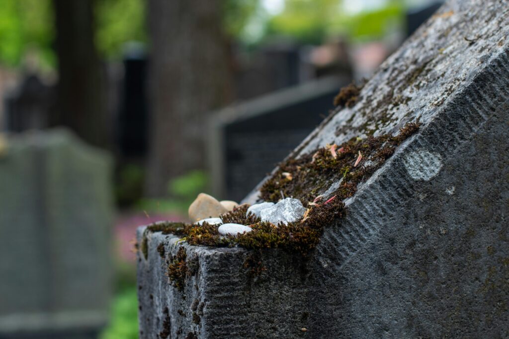 Close-up of a moss-covered gravestone with pebbles in a Jewish cemetery in Laupheim, Germany.